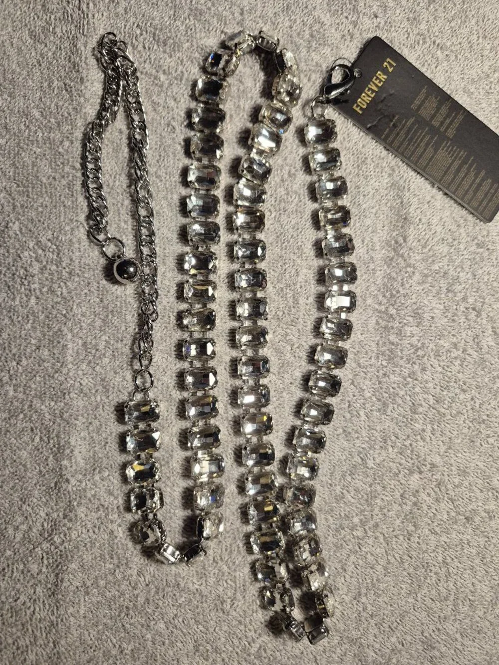 NWT Forever 21 Emerald Cut Rhinestone Chain Belt Long Statement Necklace Silver